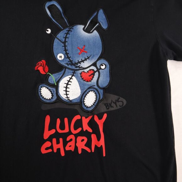 BKYS Lucky Charm Embroidered Bunny Holding Rose Cotton Blend T-Shirt Y2K Small - Picture 2 of 9